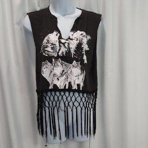 Forever 21 Black Fringe Graphic Sleeveless Shirt S